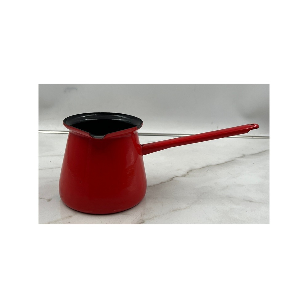 Vintage Enamel Turkish Coffee Pot Red Ibrik Made in Slovenia 8 Twin Lion Logo
